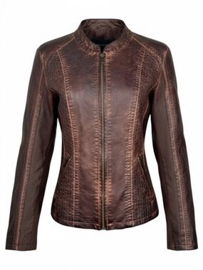 Maurices Distressed Moto Vegan Brown Leather Cropped Fitted Jacket Womens size L